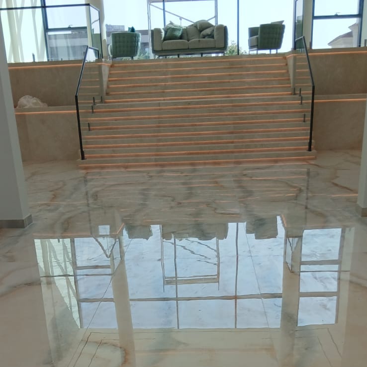 Reflective marble flooring at a villa staircase