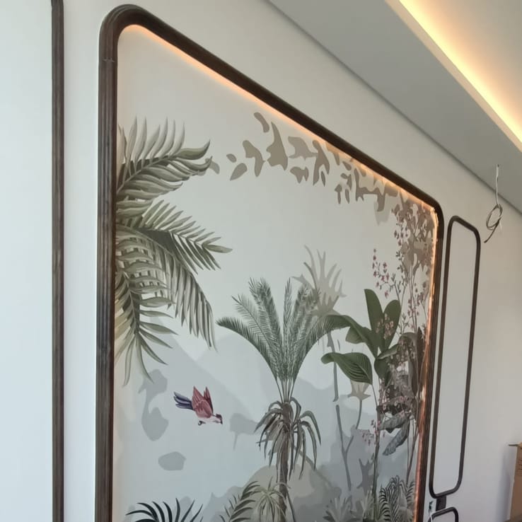 Cloud and airplane pattern wallpaper in a child's bedroom