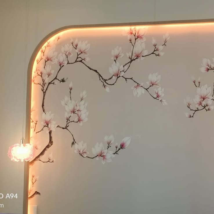 Botanical landscape wallpaper framed feature panel